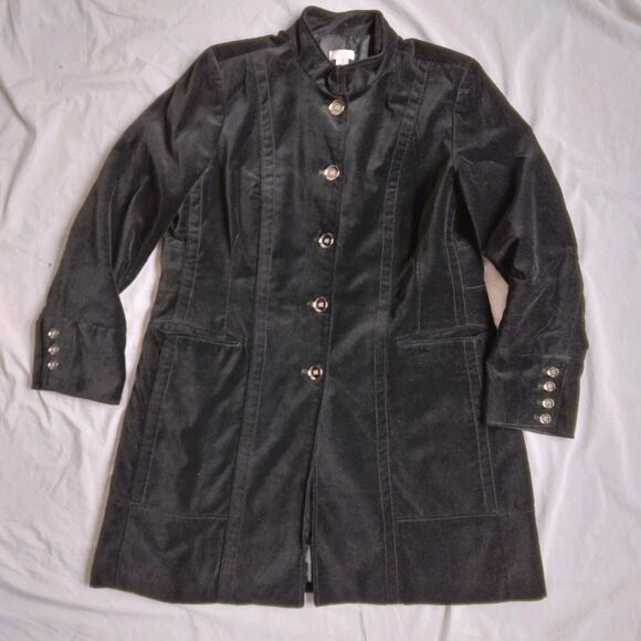 Chicos Jacket Black Velvet Coat Longline Military Steampunk Women's Size 2 - Picture 2 of 14